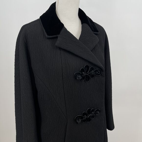 Vintage Freiss Black Coat w/ Velvet Collar & Frog Closures Lined Small/Medium - Picture 6 of 12